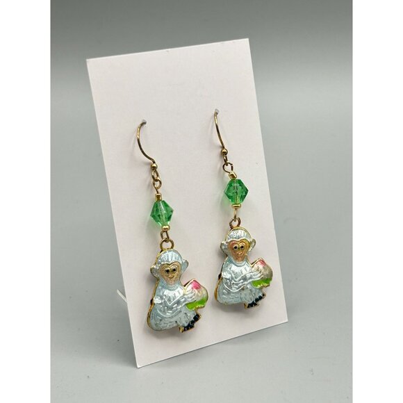 Enamel Silvery Blue Monkey Dangle Earrings with Green Bead Accents Double Sided - Picture 4 of 5
